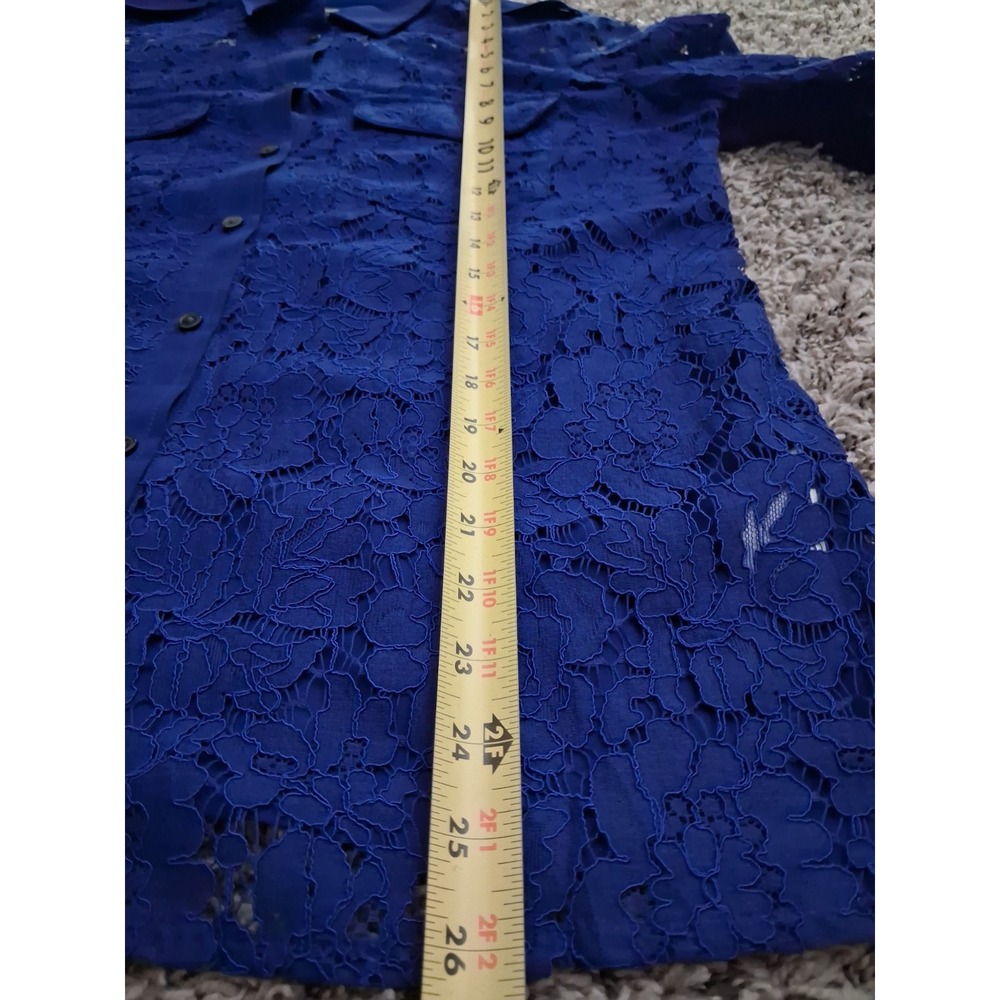 Banana Republic M Cobalt Blue Floral Lace Button Down Blouse Military Sheer - Picture 11 of 12
